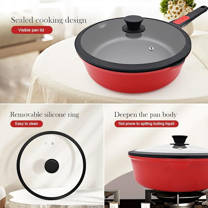 12 Inch Frying Pans Nonstick with Lid, Non Stick Saute Pan Skillet, Large Cooking Pan Kitchen Pans, Compatible with All Stoves, Detachable Handle, Oven Safe, PFOA Free, Red (5 Qt)