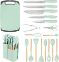 19 PCS Kitchen Cooking Utensils Set, 11 Pieces Silicone Cooking Utensils Set 6 Pieces Sharp Stainless Steel Green Knife Set with 1 Piece Cutting Board, Ideal for Apartment