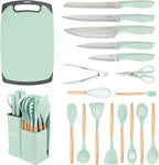 19 PCS Kitchen Cooking Utensils Set, 11 Pieces Silicone Cooking Utensils Set 6 Pieces Sharp Stainless Steel Green Knife Set with 1 Piece Cutting Board, Ideal for Apartment