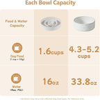 Havniva Ceramic 1.6 Cup Raised Slow Feeder Dog Bowl Set, Elevated 7.3inch Bowl and 8.2inch Dish with Acacia Wood Stand for Medium and Large Dog(Reactived Glaze -White