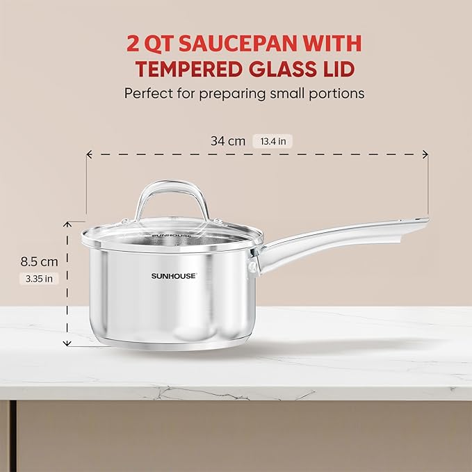 SUNHOUSE- 2 Quarts Stainless Steel Sauce Pan with Lid - PFOA-FREE, Stainless Steel Sauce Pan, Advanced Impact Bonding Induction Base, Stay-Cool Handle, Compatible with All Cooktops