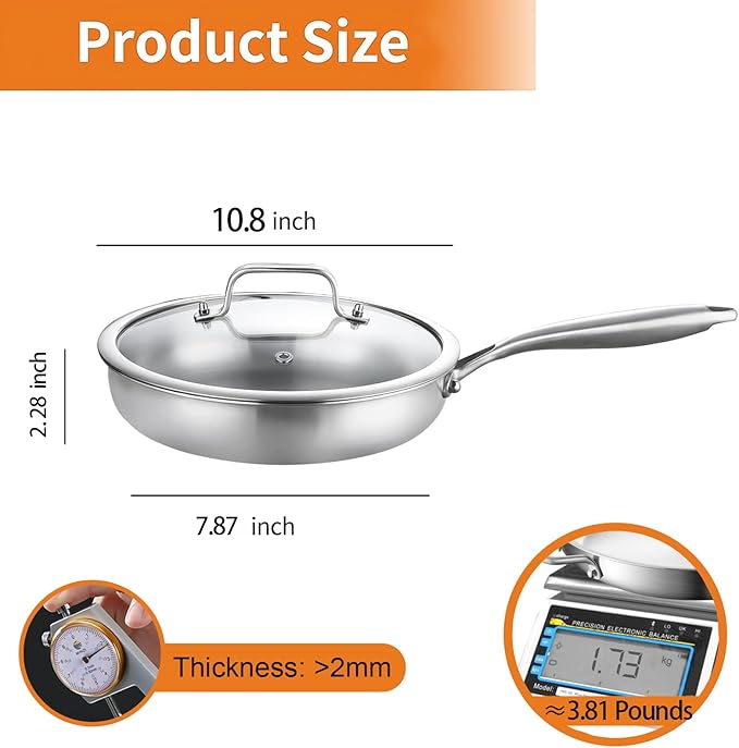DELARLO Tri-Ply Stainless Steel Pan, 18/10 Frying Pan, Oven Safe Up to 600°F, Nontoxic Cookware, Compatible with All Cooktops Skillet, Durable, Fast Even Heat Fry Pan,10inch Steel Pan with Glass Lids