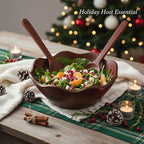 Melvvi Large Wooden Salad Bowl Set – 12" Wood Serving Bowl with 2 Utensils | Mango wood Scratch-Resistant - For Salad, Pasta & Fruits (Walnut Brown)
