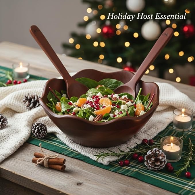 Melvvi Large Wooden Salad Bowl Set – 12" Wood Serving Bowl with 2 Utensils | Mango wood Scratch-Resistant - For Salad, Pasta & Fruits (Walnut Brown)