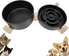 Ceramic Slow Feeder Dog Bowl Set-1 Cup Puzzle Dog Food Bowl & 850ML Water bowl with wooden stand for small dogs, Anti-Gulping,Anti-chewing,Anti-Slip,Black