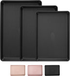 Nonstick Baking Sheet Pan Set of 3, Heavy Duty Cookie Sheets for Oven with Stripe Texture Pattern, 0.6mm Thick Quarter/Half/Jelly Roll Pans, Rust-Resistant & Easy Clean (Black)
