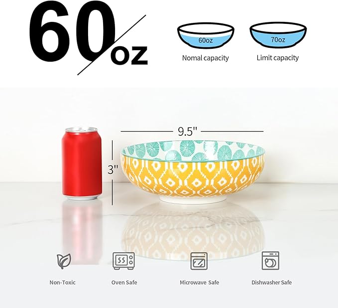 Selamica 9.5" Serving Bowls, 60 OZ Large Salad Bowls Set of 3 for Entertaining Party, Ceramic Bowls for Kitchen, Pasta, Soup, Dinner, Assorted Colors