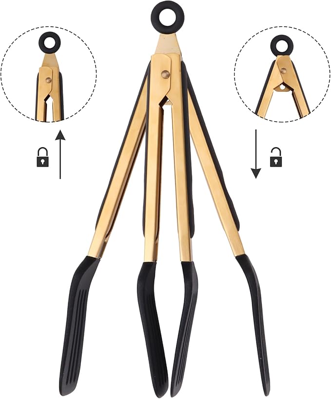 2-Piece Kitchen Spatula Tongs Food Serving Tongs 9" and 12" Cooking with BPA Free Silicone Tips, Toaster Steak Pie Pizza Pasta Spaghetti Noodles Salad Grill BBQ Buffet Clamp Serving Tools(Gold)