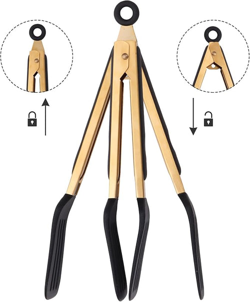 2-Piece Kitchen Spatula Tongs Food Serving Tongs 9" and 12" Cooking with BPA Free Silicone Tips, Toaster Steak Pie Pizza Pasta Spaghetti Noodles Salad Grill BBQ Buffet Clamp Serving Tools(Gold)