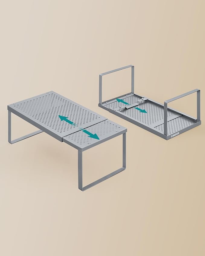SONGMICS Spice Racks, Set of 2 Expandable Kitchen Countertop Shelves, Small Cupboard Organizers, Metal, Space-Saving Tabletop Shelves, Silver UKCS402FG01
