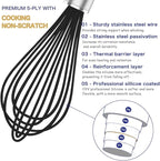 Silicone Whisk,3 pack Professional whisks for cooking non scratch,Stainless Steel & Silicone wisk,plastic rubber whisk for nonstick cookware,small silicone whisk set,black