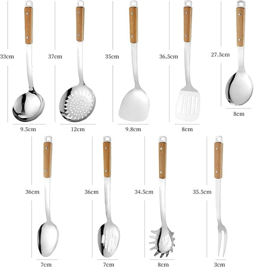 9pcs Cooking Utensils Set 304 Stainless Steel Kitchen Utensils with Wooden Hanlde Metal Kitchen Utensils Soup Ladle Set Dishwasher Safe Kitchen Essentials Set Kitchen Tool Set, Dishwasher Safe