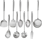 304 Stainless Steel Cooking Utensils Set, 9 PCS Metal Stainless Steel Kitchen Utensils Set, Serving Spoon, Spaghetti Spoon, Skimmer, Meat Fork etc (Dishwasher Safe)