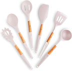 6 Pcs Cookward Silicone Cooking Utensils Set - Natural Wood Kitchen Utensils – Eco Friendly & BPA Free, Non-Scratch & Non-Stick Easy Grip -White