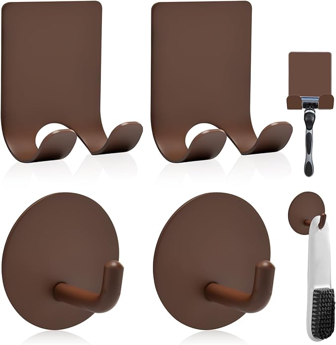 Diesisa Razor Holder for Shower + Adhesive Wall Hooks, Premium 304 Stainless Steel Shower Razor Holder with Heavy Duty Waterproof Sticky Hooks for Hanging Towels, Coat, hat (2+2 Pack)-Brown