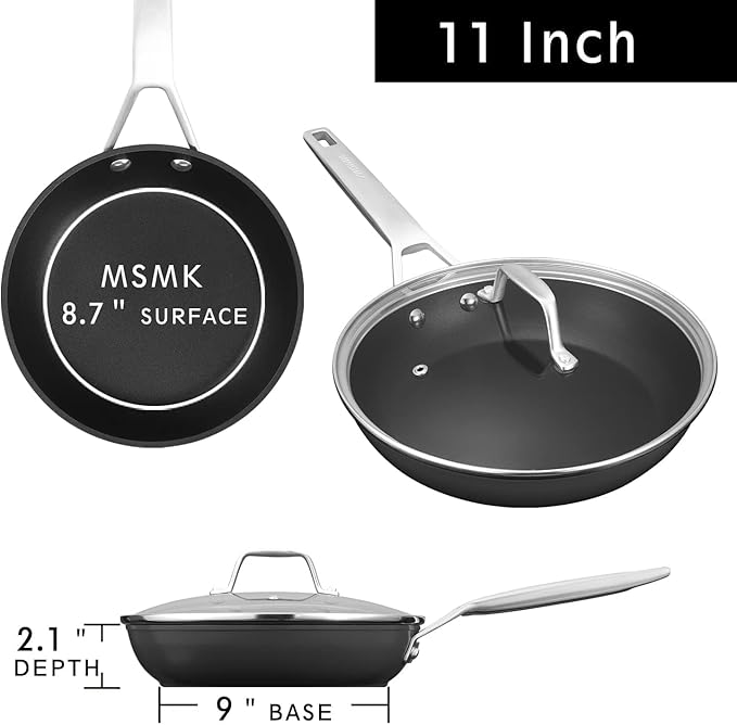 MsMk 11 Inch Nonstick Frying Pan with Lid，Titanium and Ceramic Nonstick skillet, PFOA Free Non-Toxic, Stay-Cool Handle, Scratch-resistant, Induction Skillet With Lid for Induction, Ceramic