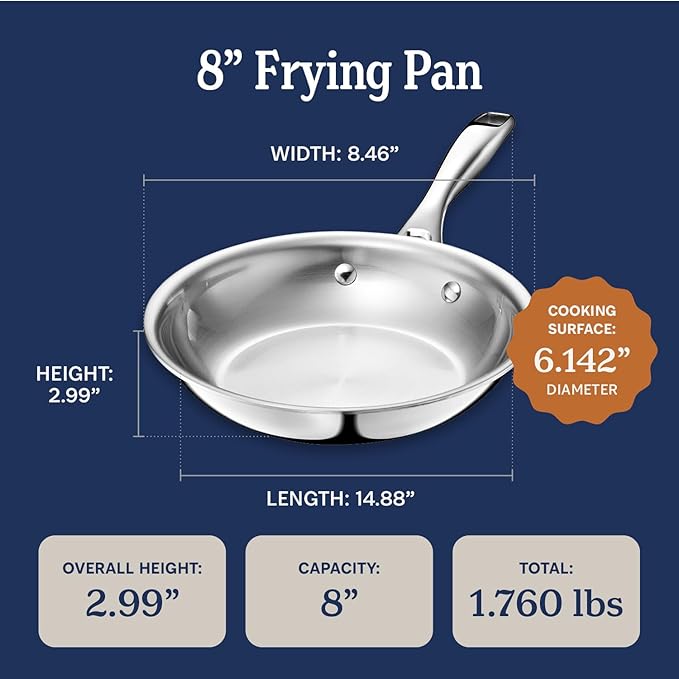 LEGEND COOKWARE 5-Ply Stainless Steel 8-Inch Frying Pan - Induction Compatible, Oven Safe 800°F - Non-Toxic, No Coatings - Even Heating, Won't Warp - Built to Last Generations