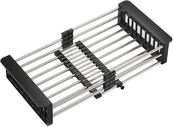 TUTEW Dish Drying Rack, Over The Sink Dish Drying Rack, Stainless Steel Drainer with Adjustable Arms Holder Functional Kitchen Sink Organizer for Vegetable and Fruit, Black