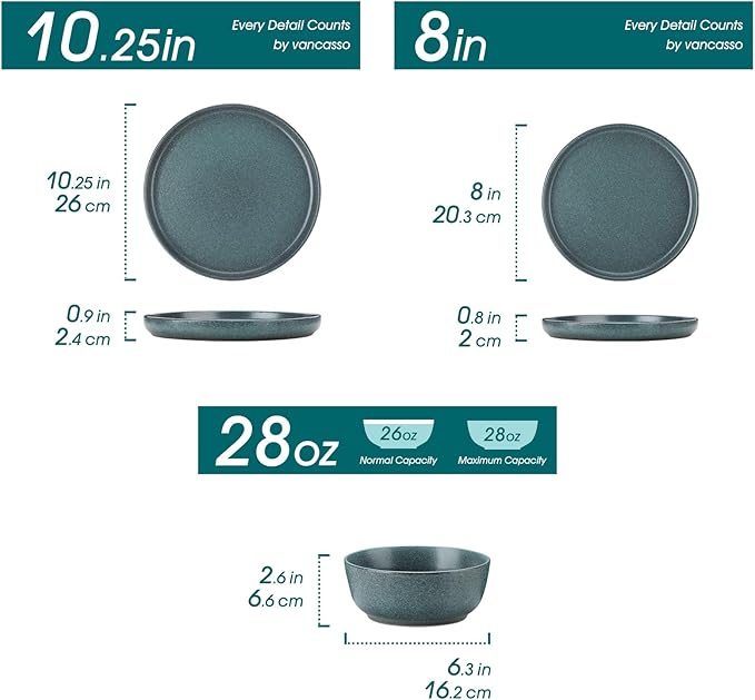 vancasso ZERMATT Plates and Bowls Sets for 6, 18 Pieces Stoneware Dinnerware Set for Kitchen, Chip Resistant Reactive Glaze Dishes Set for 6, Dishwasher & Microwave Safe, Blue