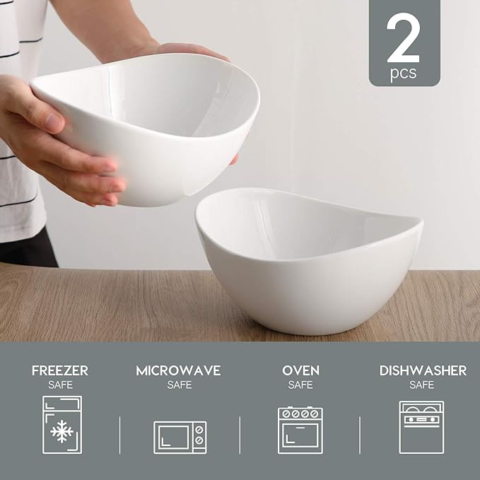 Samsle Porcelain Large Serving Bowl Set (9 inch),48 Oz Big Salad bowls, Large Serving Dishes for Entertaining, Party Dinner,Side Dishes, Oval Shape, Microwave & Dishwasher Safe,Set of 2, White
