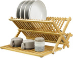 KKTONER Bamboo Dish Drying Rack with Utensil Holder 3 Tier Collapsible Drainer Rack with Dish Drying Mat for Kitchen Counter (Natural)