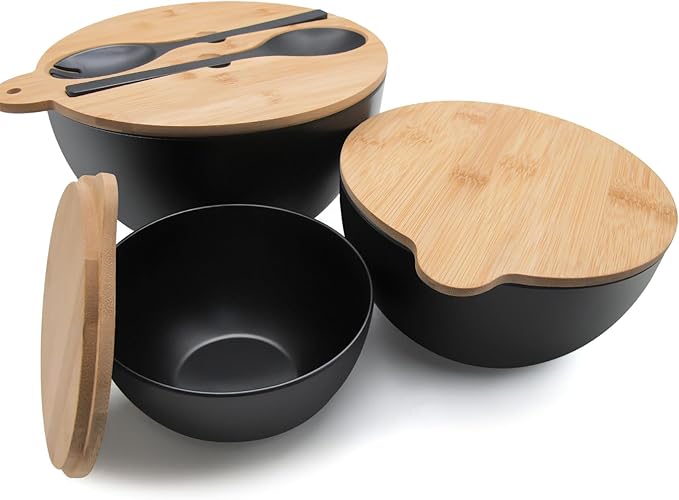 ECOWAY Salad Bowls Set of 3 with Seal Lid & Serving Utensils, Bamboo Fiber Mixing Bowls Set Large Serving Bowls & Storage Set with Bamboo Lid for Salad, Kitchen Eating, Pasta, Popcorn, Fruit, Black