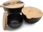 ECOWAY Salad Bowls Set of 3 with Seal Lid & Serving Utensils, Bamboo Fiber Mixing Bowls Set Large Serving Bowls & Storage Set with Bamboo Lid for Salad, Kitchen Eating, Pasta, Popcorn, Fruit, Black