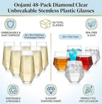 Oojami 48 Pack Diamond Clear Unbreakable Stemless Plastic Glasses 24 9oz Stemless Champagne Flutes & 24 12oz Cups BPA-Free, Disposable, Shatterproof Drinkware for Weddings, Bars, Events, and Parties