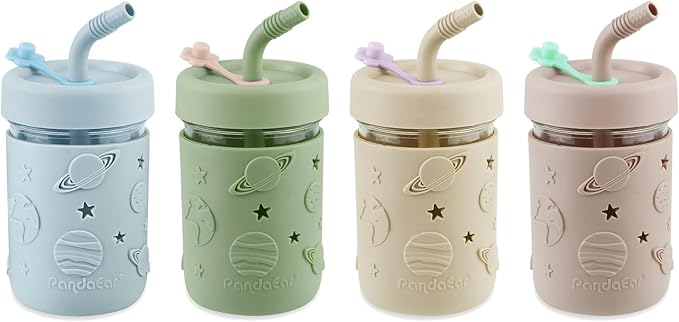 PandaEar 4 Pack Kids & Toddler Glass Cups, Glass Mason Jar Cups 8.45 oz with Silicone Sleeves & Straws, Toddler Spill-Proof Smoothie Cups for Children Ages 3+