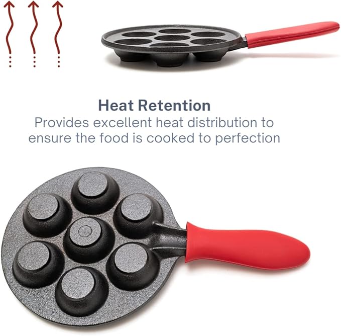 KUHA Cast Iron Aebleskiver Pan | Pre-Seasoned Pan for Authentic Danish Pancake Making, Poffertjes, Takoyaki, Appam & Paniyaram | Silicone Handle, Oven Mitt & Bamboo Skewers Included | 7.9" Diameter