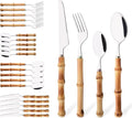 Bamboo Handle Silverware Set, 24-Piece Flatware Set for 6, Stainless Steel Cutlery Eating Utensils Include Forks Spoons and Knives for Daily Use and Party, Reusable and Modern Design