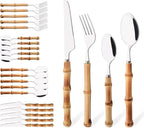 Bamboo Handle Silverware Set, 24-Piece Flatware Set for 6, Stainless Steel Cutlery Eating Utensils Include Forks Spoons and Knives for Daily Use and Party, Reusable and Modern Design