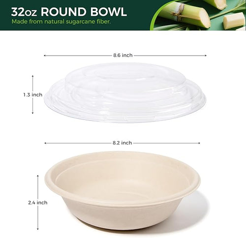 50-Pack 32oz Round Disposable Bowls with Lids - 100% Sugarcane Fiber, Paper Round Bowls for Soup, Salad, Ramen, Popcorn
