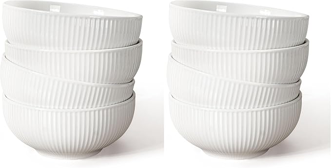 Artena Ceramic Cereal Bowls 26 oz, Embossment Soup Bowls Set of 4, White Salad Bowl for Kitchen, Dinner, Breakfast, Oatmeal, Rice, Pasta, Dishwasher Microwave Safe Bowls (Stripes) (Pack of 2)