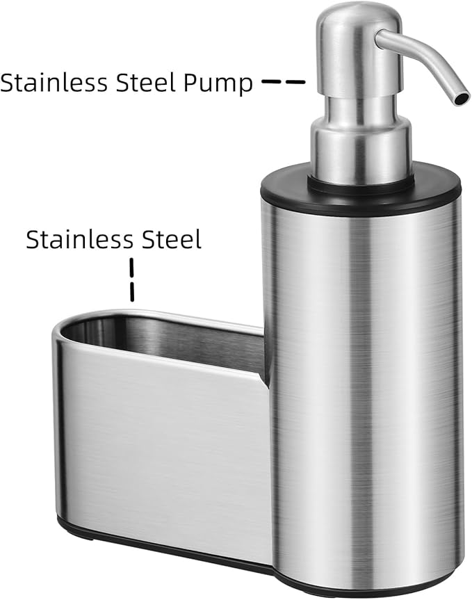 Kitchen Soap Dispenser with Sponge Holder, 12 oz Dish Soap Dispenser for Kitchen Sink Countertop, Stainless Steel Pump, Organizer Holder with Storage for Bathroom