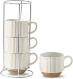 HASENSE 15 oz Ribbed Stackable Ceramic Coffee Mug Set of 4, White & Light Brown Cups with Metal Holder, Dishwasher & Microwave Safe for Cappuccino Tea Hot Cocoa, Wedding Housewarming Gifts