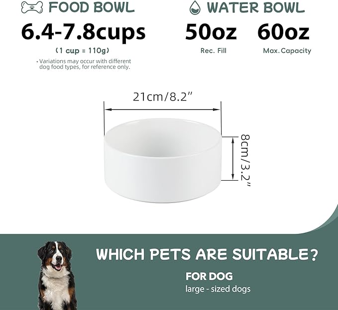 Havniva Non-Slip 8.2inch Ceramic Dog Food and Water Bowl for Large Breed Dogs, Pet Bowl for Replacement (Single Bowl, White)