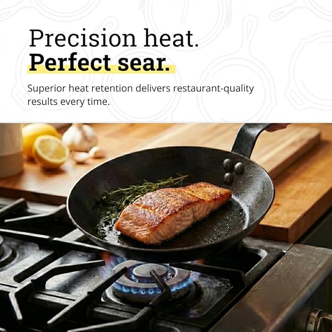 Lodge 8 Inch Carbon Steel Skillet - PFAS-Free Pre-Seasoned Carbon Steel Frying Pan for High-Heat Searing - Long Handle Design for Omelets, Grilling, and Campfire Cooking - Made in the USA