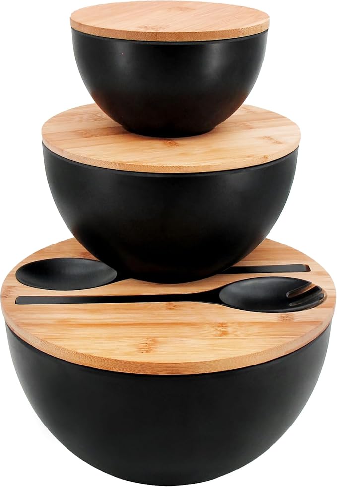 ECOWAY Salad Bowls Set of 3 with Lid & Serving Utensils, Bamboo Fiber Mixing Bowls Set Large Serving Bowls & Storage Set with Bamboo Lid for Salad, Kitchen Eating, Pasta, Popcorn, Chips, Fruit, Black
