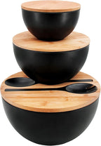 ECOWAY Salad Bowls Set of 3 with Lid & Serving Utensils, Bamboo Fiber Mixing Bowls Set Large Serving Bowls & Storage Set with Bamboo Lid for Salad, Kitchen Eating, Pasta, Popcorn, Chips, Fruit, Black