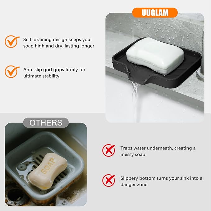 2 Pack Silicone Soap Dish, Self Draining Soap Dish, Non Slip Bar Soap and Sponge Holder for Bathroom Kitchen Sink Counter Organizer, Easy to Clean Soap Tray Waterfall Soap Saver 4.7"×3.9"