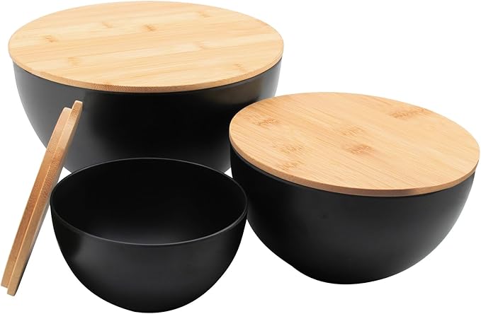 ECOWAY Salad Bowl Set of 3 with Bamboo Wooden Lids, Mixing Bowls Set, Nesting Bowls for Space Saving Storage, Made with Durable Eco-Friendly Bamboo Fiber, Great for Prepping and Serving Food, Black
