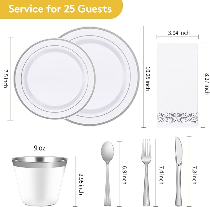 Goodluck 175 Pieces Silver Dinnerware Set for 25 Guests, Plastic Plates Disposable for Party, Include: 25 Silver Dinner Plates, 25 Dessert Plates, 25 Paper Napkins, 25 Cups, 25 Silverware Set