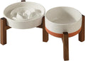 Havniva Ceramic 1.2 Cup Raised Slow Feeder Dog Bowl Set, Elevated 6.1inch Bowl and 7.3inch Dish with Acacia Wood Stand for Small and Medium Dogs(2 x Vanilla White+ Stand)