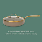 Bloomhouse - Two Time Oprah's Favorite Things Winner - 10 Inch Heavy Duty Aluminum Premium PFA Free Ceramic Nonstick Saute/Deep Frying Pan Skillet with Lid - Cappuccino Cream with Gold Handle