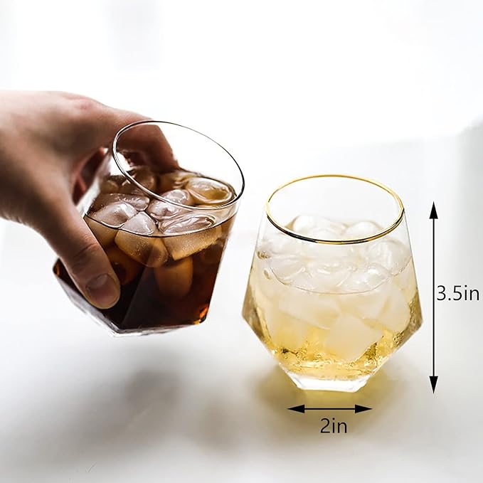 XKXKKE Diamond Wine Glasses Set of 4, 10 OZ Modern Stemless Gold Rim Glass Cups Clear Drinking Glassware for Serving Party, Home, Bar, Restaurants, Transparent 4 Pack
