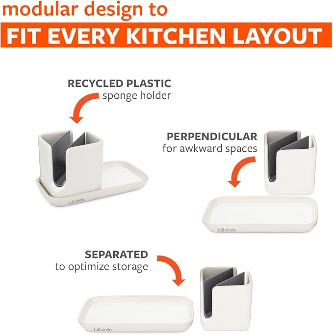 Full Circle Stash, Ceramic Kitchen Sink Caddy, Stylish Sponge Holder & Dish Brush Organizer, Easy to Clean, Dishwasher Safe, Rustproof, White and Gray, 11"
