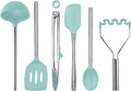 Tovolo Silicone Cooking Utensil Set of 6 Stainless Steel Handle Ladle Slotted Turner Tongs Flex Core Spatula Scraper Mixing Spoon & Masher, Dishwasher Safe BPA Free Utensils, Aqua Seafoam Green