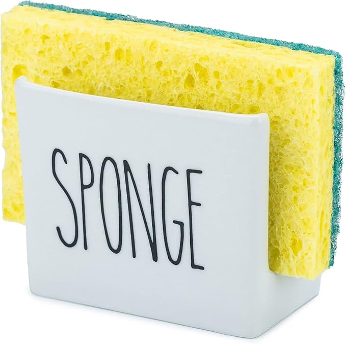 Heartland Home Porcelain Sponge Holder for Kitchen Sink. Compact Sink Caddy Organizer - Scrub Daddy Compatible Dish Sponge Holder. Ceramic Black and White Kitchen Decor and Cute Kitchen Accessories