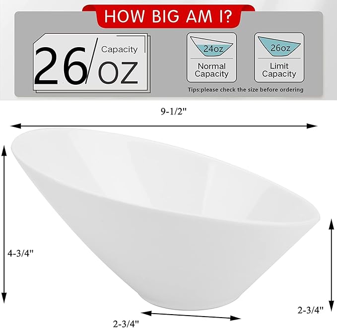 Yesland 2 Pack Porcelain Angled Serving Bowls - 26 oz White Salad Bowls - Ceramic Pasta Bowls for Cereal, Soup, Salad, Rice, Prep